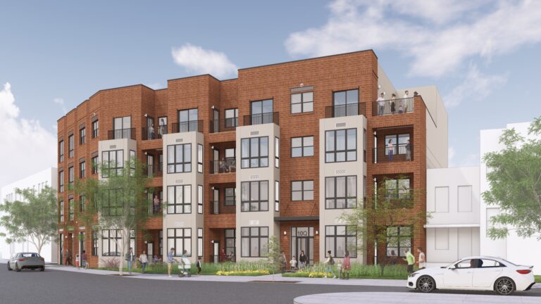 A rendering of the 10Q Apartments includes a four-story building with a brick and white stone facade and rooftop patio, surrounded by ample green space.